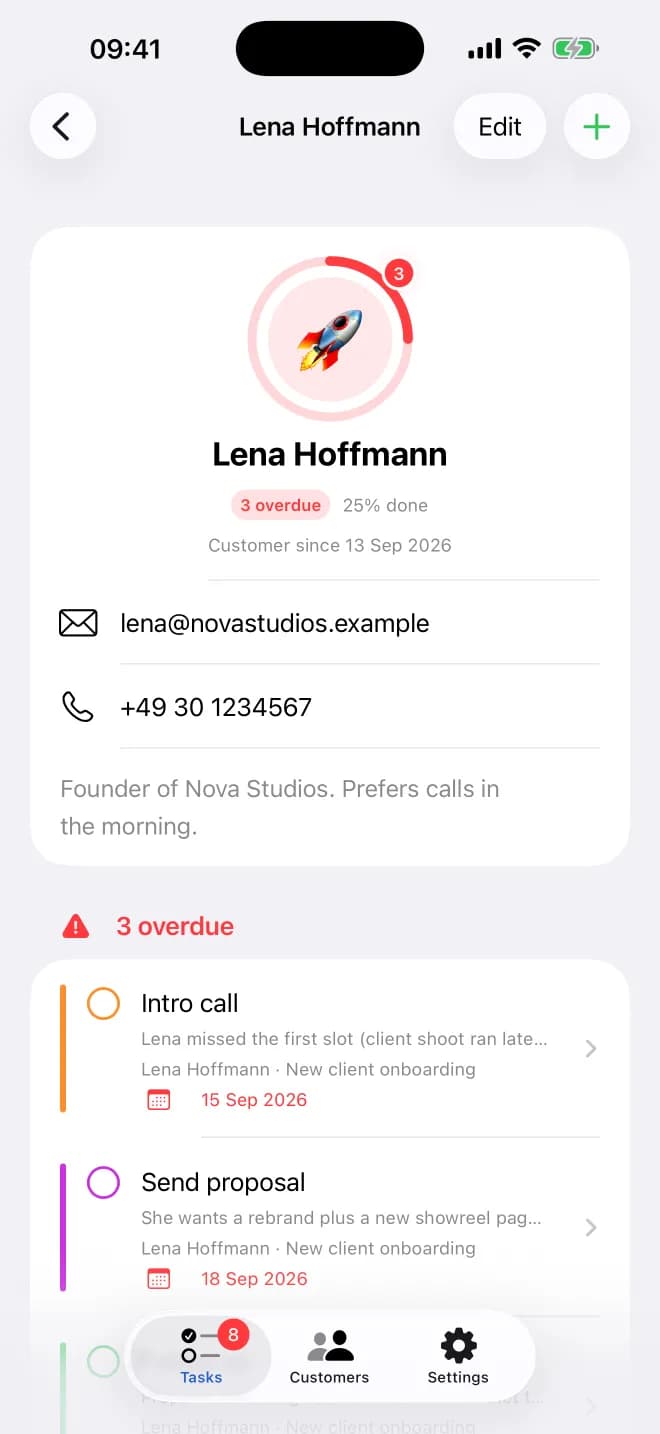 Customer page with contact details and their steps